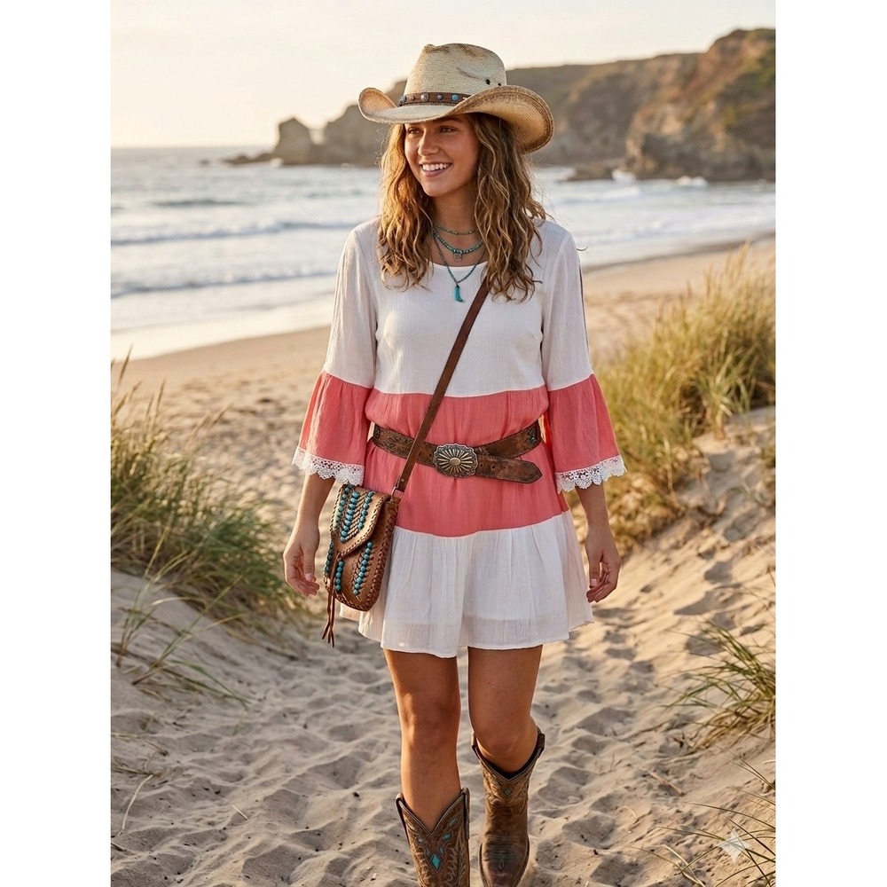 Coastal Cowgirl Boho Festival Dress Women M Cream Pink Lace Bell Sleeve Mini